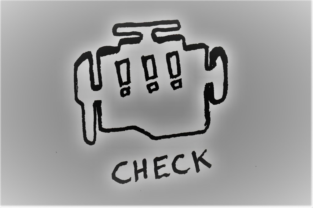 artistic rendering of a "check engine" dashboard light; "check" below
