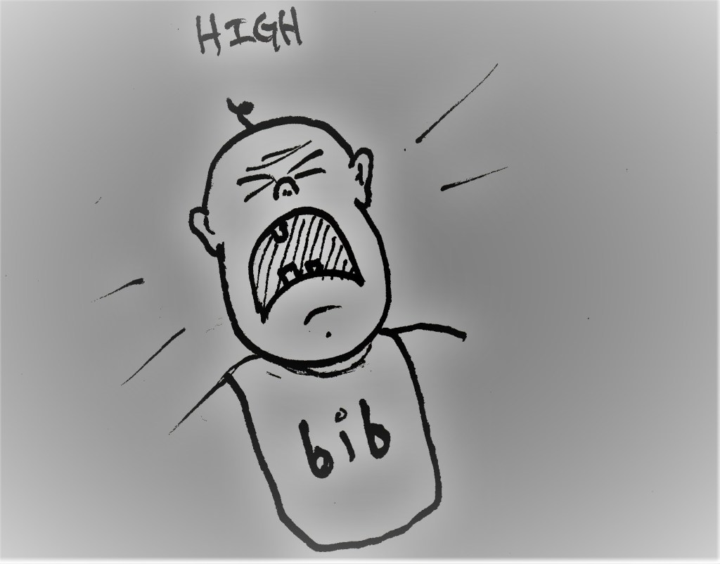 baby crying with bib that says "bib"; "high" above