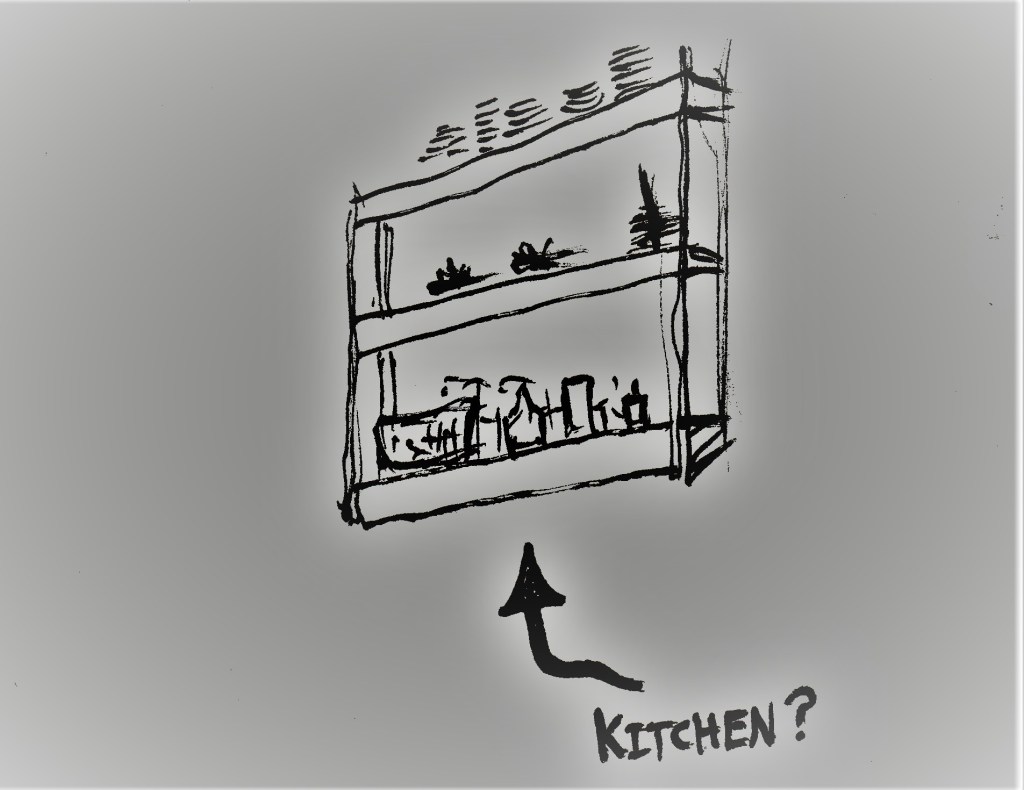 crude shelves; "kitchen" below with arrow up